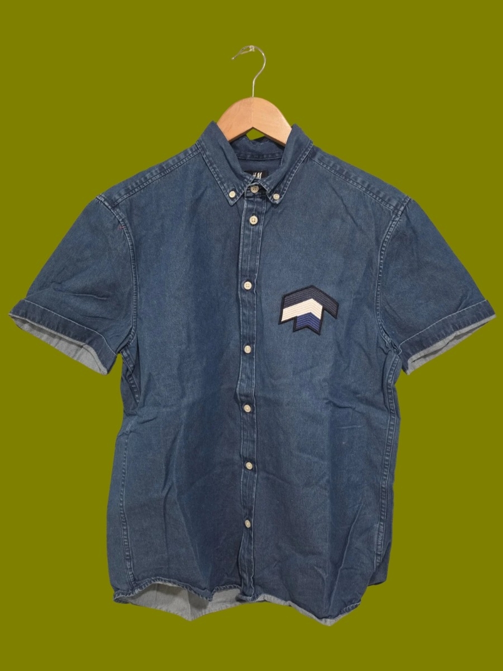 H&M Men's Denim Short-Sleeve Button-Down Shirt in Blue